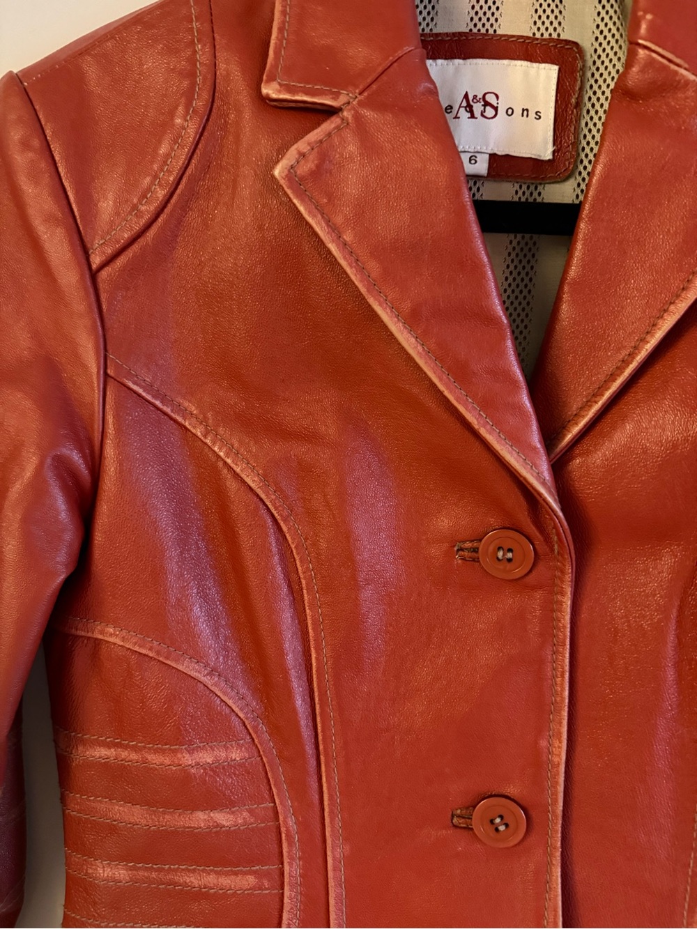 Vintage Y2K Rust Orange Leather Fitted Blazer Moto Jacket Size 6 - Picture 9 of 14